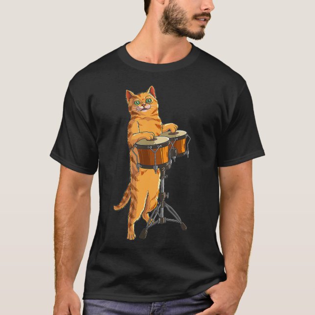 Funny Cat Playing Bongo  Cool Percussion Gift T-Shirt (Front)
