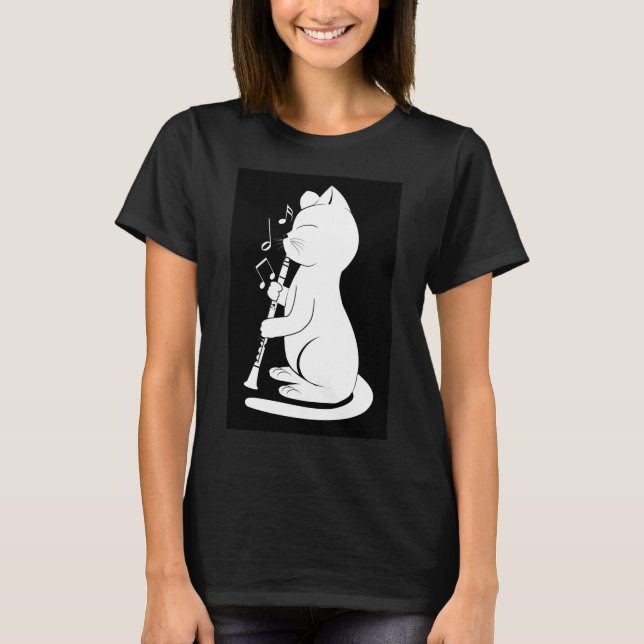 Funny Cat Playing Clarinet Cat Lover T-Shirt (Front)