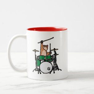 Funny Cat Playing Drums, Cat Drummer, Drummer Gift Two-Tone Coffee Mug