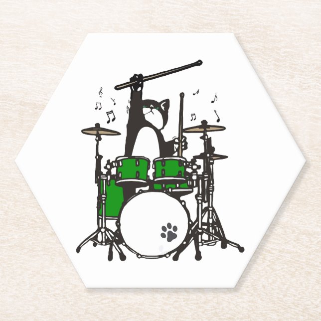 Funny Cat Playing Drums Paper Coaster (Front)