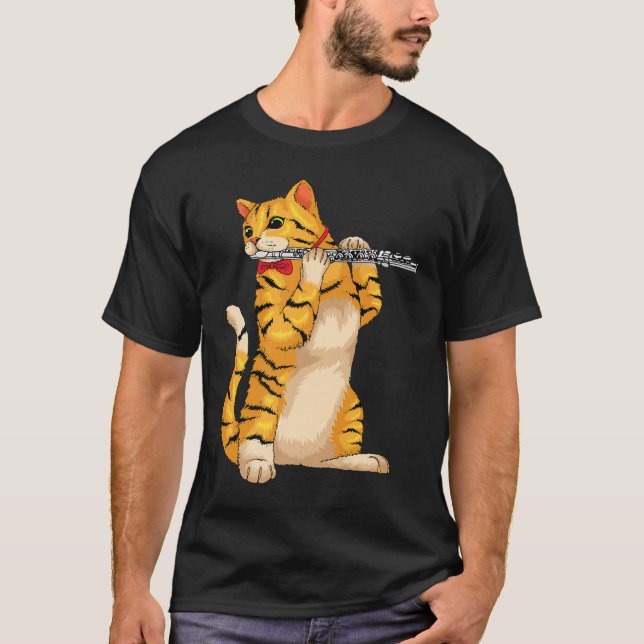Funny Cat Playing Flute Cool Animal Musician Flute T-Shirt (Front)