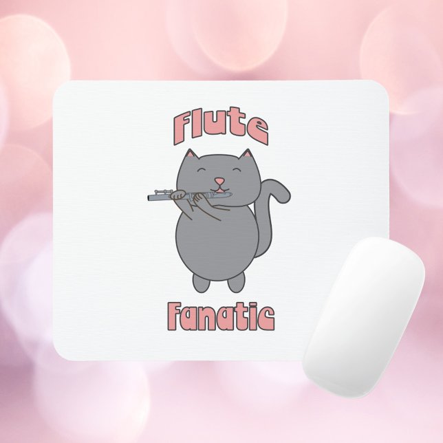 Funny Cat Playing Flute Music Lover Musician Carto Mouse Mat (A mousepad featuring a gray cat playing the flute with the words Flute Fanatic in pink.)