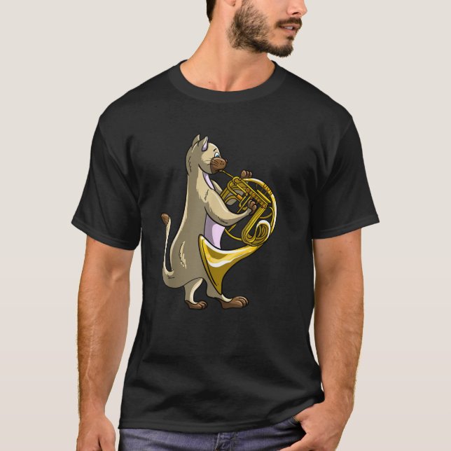Funny Cat Playing French Horn Cool Animal Musician T-Shirt (Front)