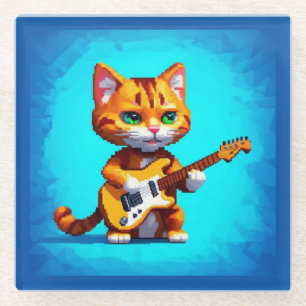 Funny Cat Playing Guitar Glass Coaster