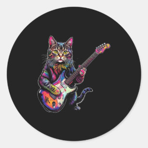 Funny Cat Playing Guitar Rock And Roll Gifts Men W Classic Round Sticker