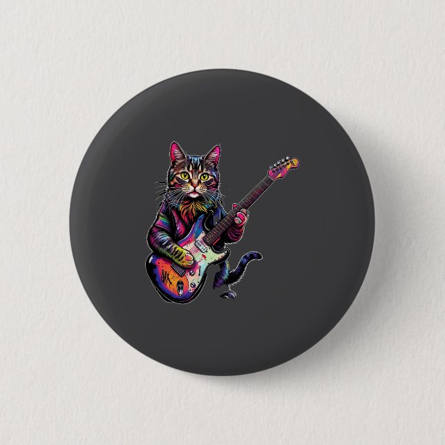 Funny Cat Playing Guitar Rock And Roll Men Women K 6 Cm Round Badge (Front)