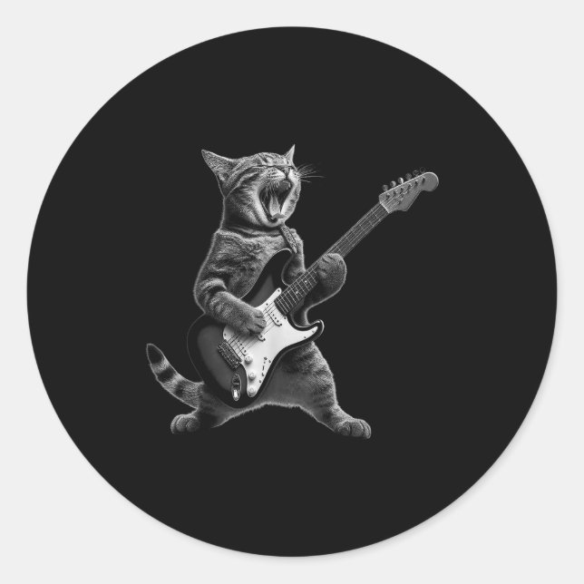 Funny Cat Playing Guitar Rock And Roll Men Women K Classic Round Sticker (Front)