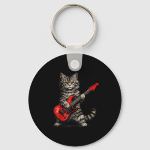 Funny cat playing guitar rock and roll men women key ring