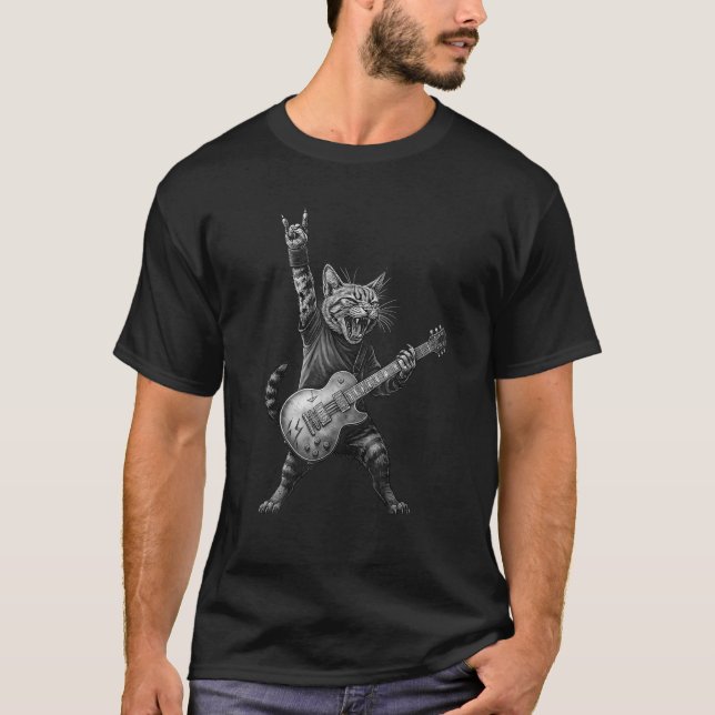 Funny Cat Playing Guitar Rock and Roll Music Rock  T-Shirt (Front)