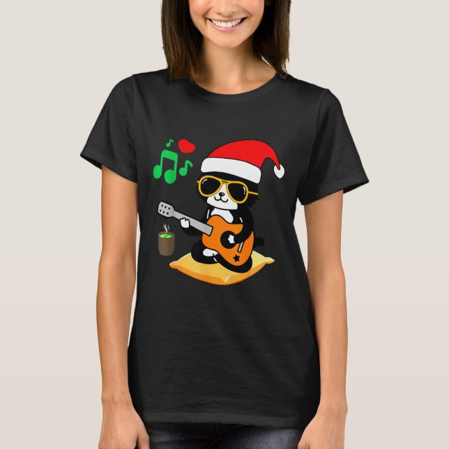 Funny Cat Playing Guitar Sungles Santa Hat Christm T-Shirt (Front)