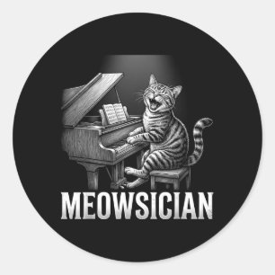 Funny Cat Playing Piano Music Pun Meowsician Band Classic Round Sticker
