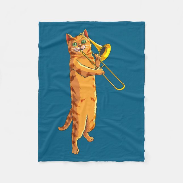Funny Cat Playing Trombone Gift Cool Kitten Musici Fleece Blanket (Front)
