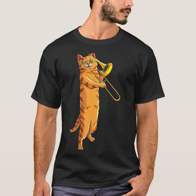 Funny Cat Playing Trombone Gift Cool Kitten Musici T-Shirt (Front)