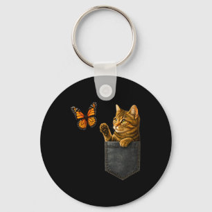 Funny Cat Playing With Butterfly Cat In Pocket Key Ring