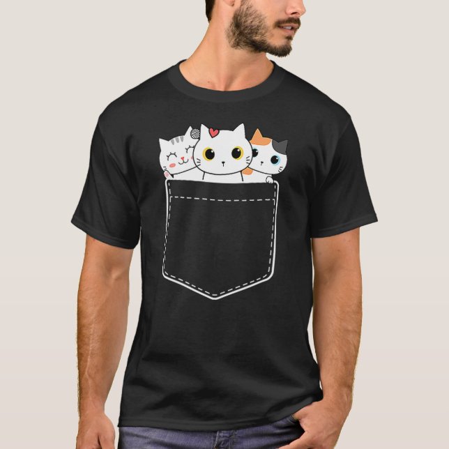 Funny Cat Pocket Cute Kawaii Kitty Love Cat in Poc T-Shirt (Front)