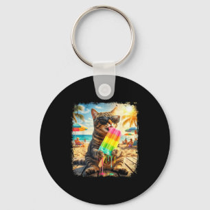 Funny cat popsicle summer animal sunglasses meme key ring