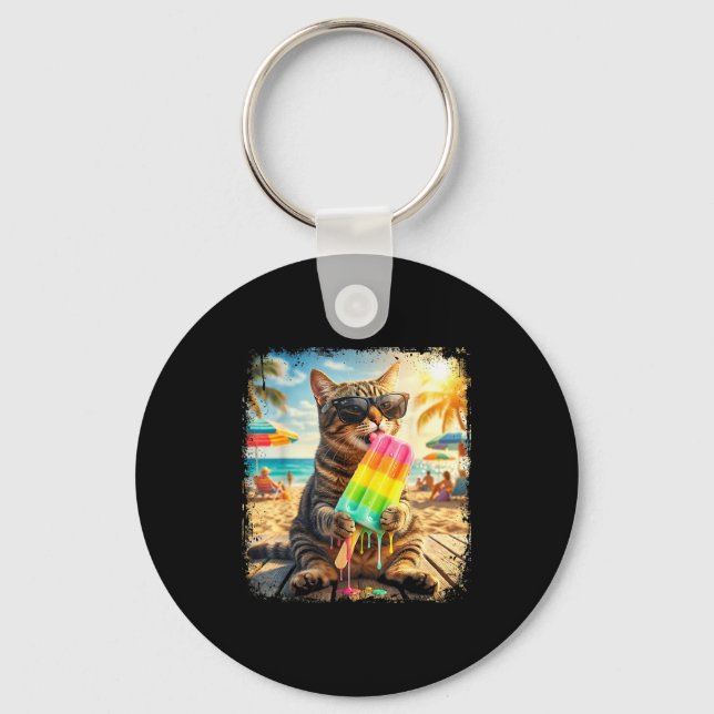 Funny cat popsicle summer animal sunglasses meme key ring (Front)