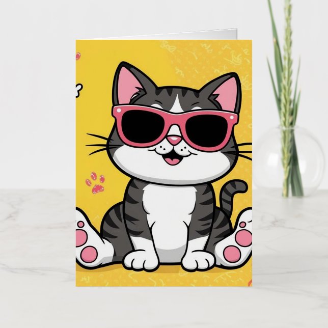 Funny Cat Poster Cartoon cat wearing sunglasses Foil Greeting Card (Front)