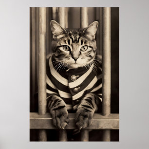 Funny Cat Prison Print Vintage Striped Suit, Retro