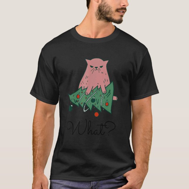 Funny Cat Pulling Over Christmas Tree 1 T-Shirt (Front)