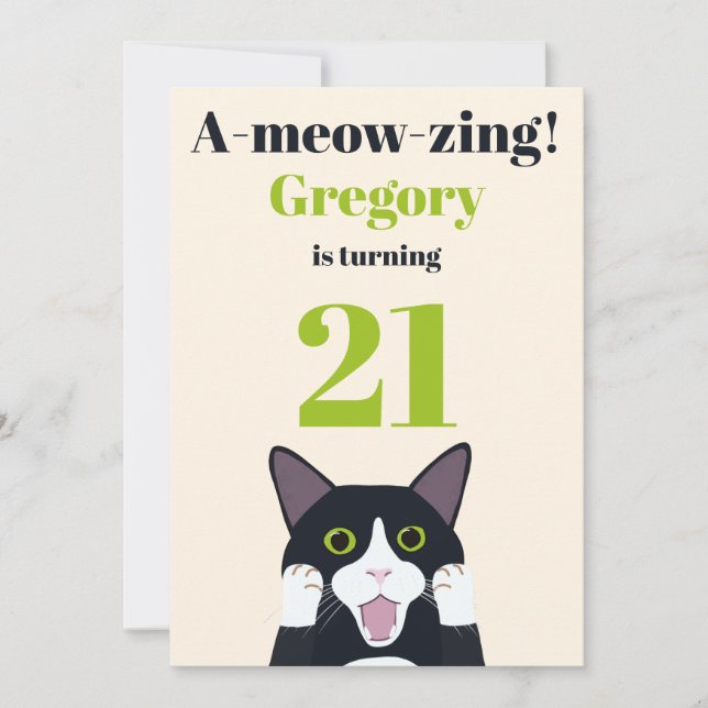 Funny cat pun 21st birthday party invitation (Front)