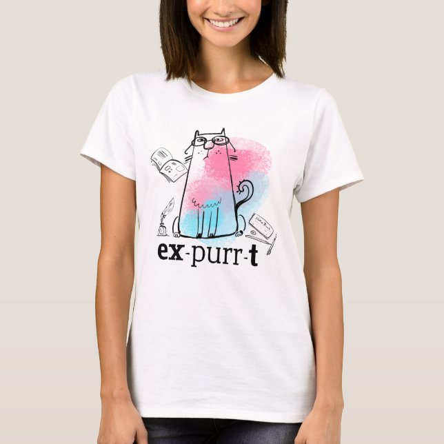 Funny Cat Pun Expurrt Cute Feline Drawing T-Shirt (Front)