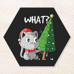Funny Cat Pushing Christmas Tree Over Cat What Chr Paper Coaster