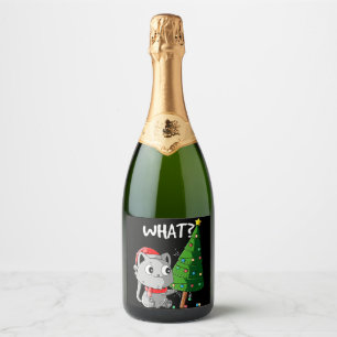 Funny Cat Pushing Christmas Tree Over Cat What Chr Sparkling Wine Label