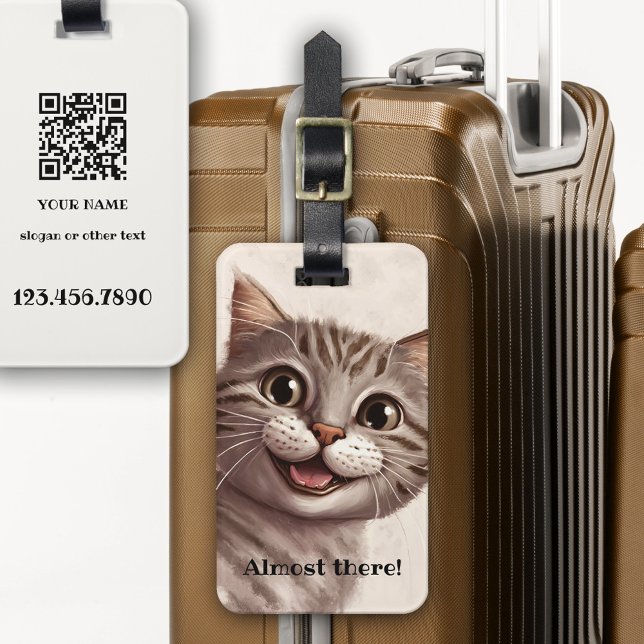 Funny Cat QR Code Luggage Tag (Cute luggage tag featuring an illustration of a kitty having a lot of fun. With QR code template )