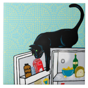 Funny Cat Raids Fridge Art  Tile