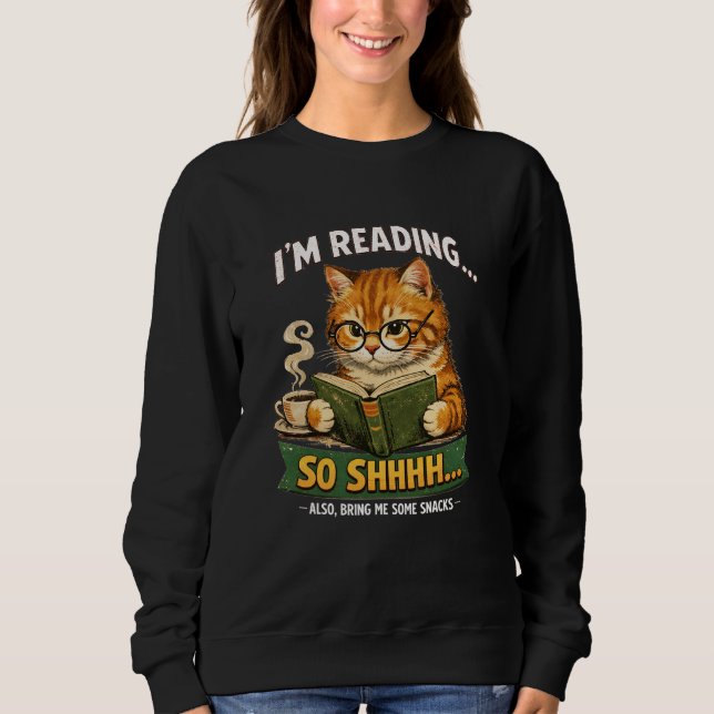 Funny Cat Reading Book Black Sweatshirt | Retro (Front)