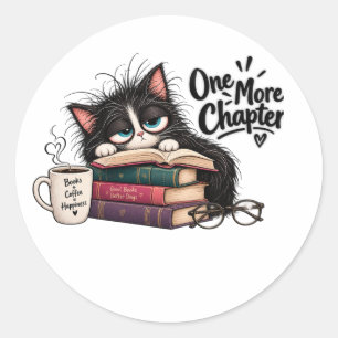 Funny Cat Reading Books One More Chapter Sticker). Classic Round Sticker