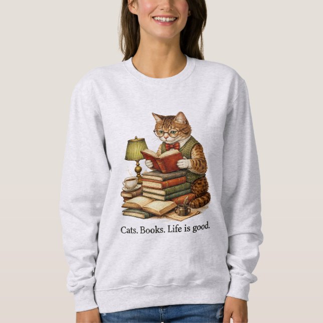 Funny Cat Reading Books Sweatshirt – Retro Design (Front)