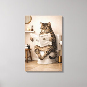 Funny Cat Reading Newspaper Bathroom Humour Canvas Print