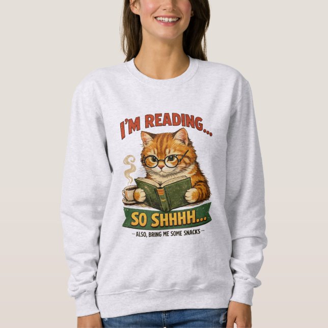 Funny Cat Reading Retro Book Lover Sweatshirt (Front)