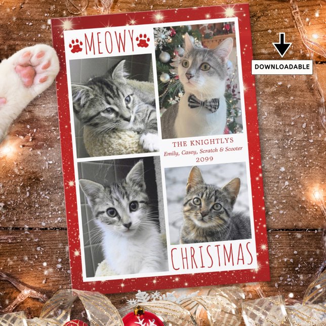 Funny Cat Red MEOWY CHRISTMAS 4 Photos Holiday Card (Creator Uploaded)