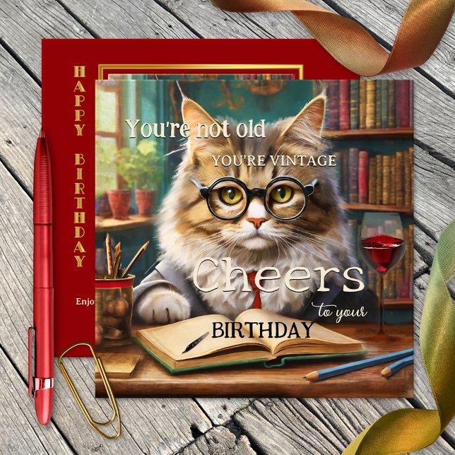 Funny Cat Red Wine Books Birthday  Card (Funny cat birthday card featuring a cute cat with glasses ( :-) ), red wine and lots of books)