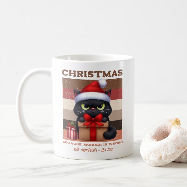 Funny Cat Retro Christmas Holiday Personalised Coffee Mug (With Donut)