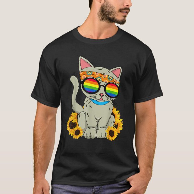 Funny Cat Retro Sunflower Rainbow Hippie  T-Shirt (Front)