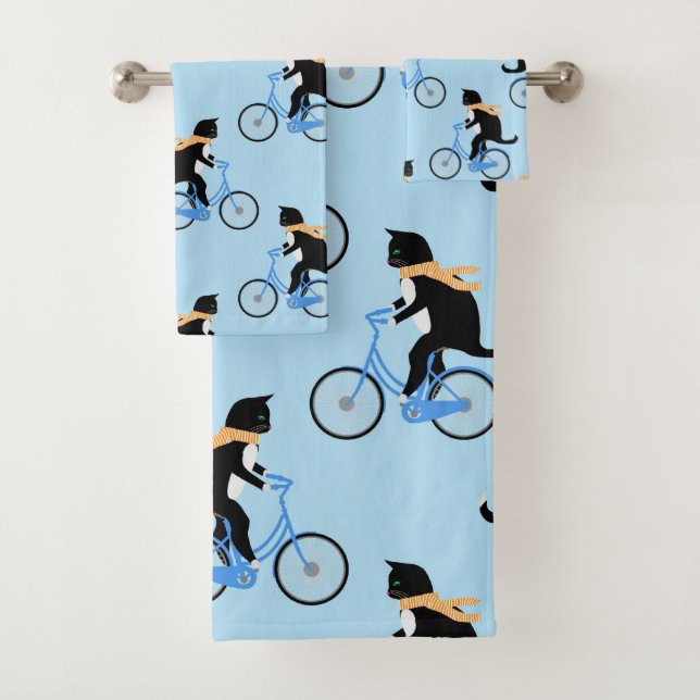 Funny Cat Riding Bicycle Personalised Blue Bath Towel Set (Insitu)