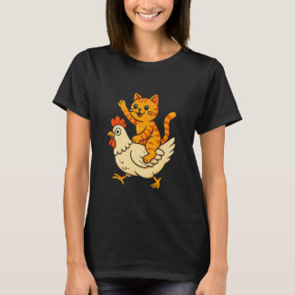 Funny Cat Riding Chicken Cartoon Funny Cute Cat Ca T-Shirt