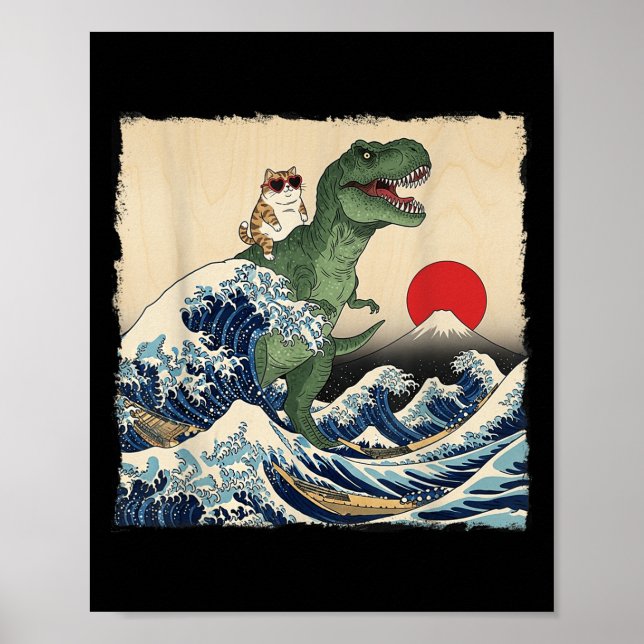 Funny Cat Riding Dinosaur Cool Cat In Sungles Wave Poster (Front)