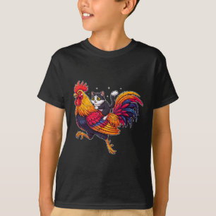 Funny Cat Riding Rooster Chicken Cute Farm Animal T-Shirt