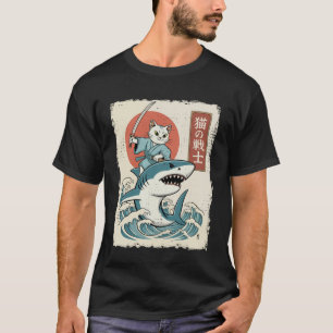 Funny Cat Riding Shark Japanese Ukiyo-e Art Samura T-Shirt