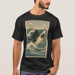 Funny Cat Riding Shark Meme Art Japanese Wave For T-Shirt