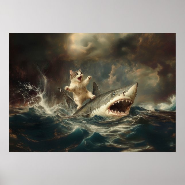 Funny Cat Riding Shark Poster (Front)