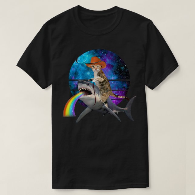 Funny Cat Riding Shark Puking Rainbow Galay Space  T-Shirt (Design Front)