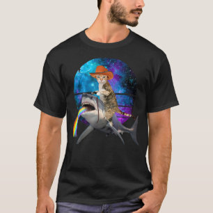 Funny Cat Riding Shark Puking Rainbow Galay Space  T-Shirt