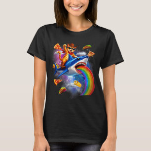 Funny cat riding shark rainbow pizza taco galaxy T-Shirt