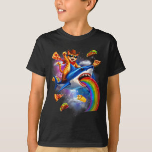 Funny cat riding shark rainbow pizza taco galaxy T-Shirt